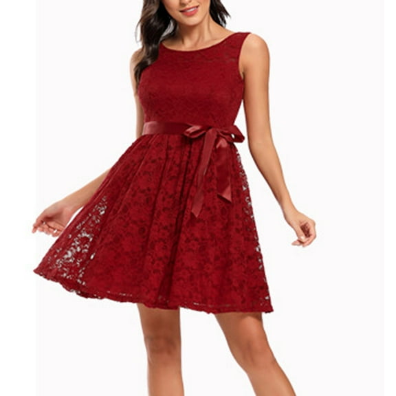 50% Off Clear! Aoujea Womens Round Neck Puff Sleeveless Sleeve Dresses Casual Summer Tie Waist Dress Floral Lace Cocktail Party Dress