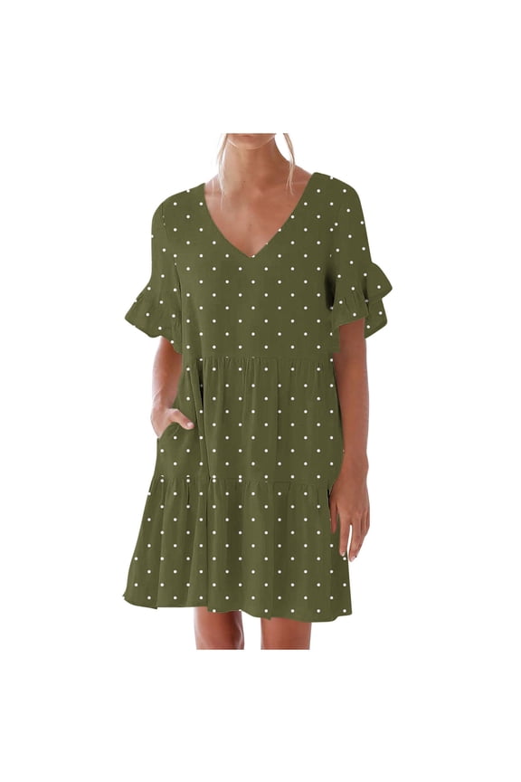 Women Casual Summer Dresses Dress Sweet Cute V-Neck Dress Pocket Short Sleevele Ruffle Dress