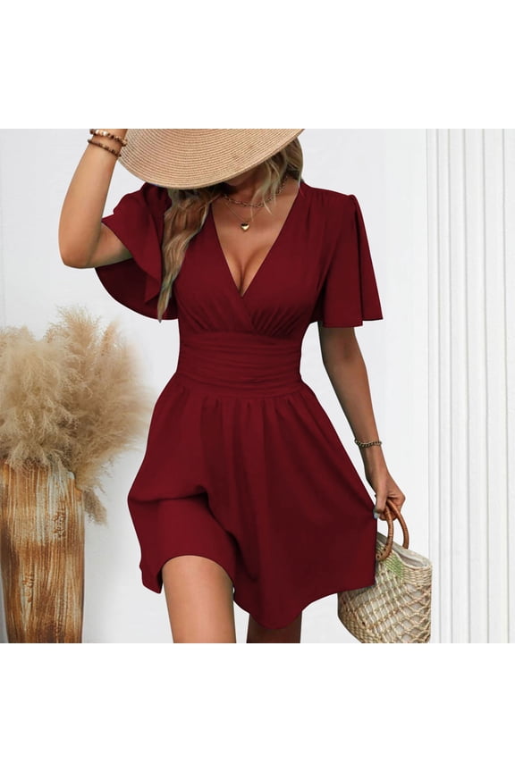 Women Summer Maxi Dresses Womens New Deep V-neck Solid Color Leaf Sleeve Short Sleeved Hooded Dress