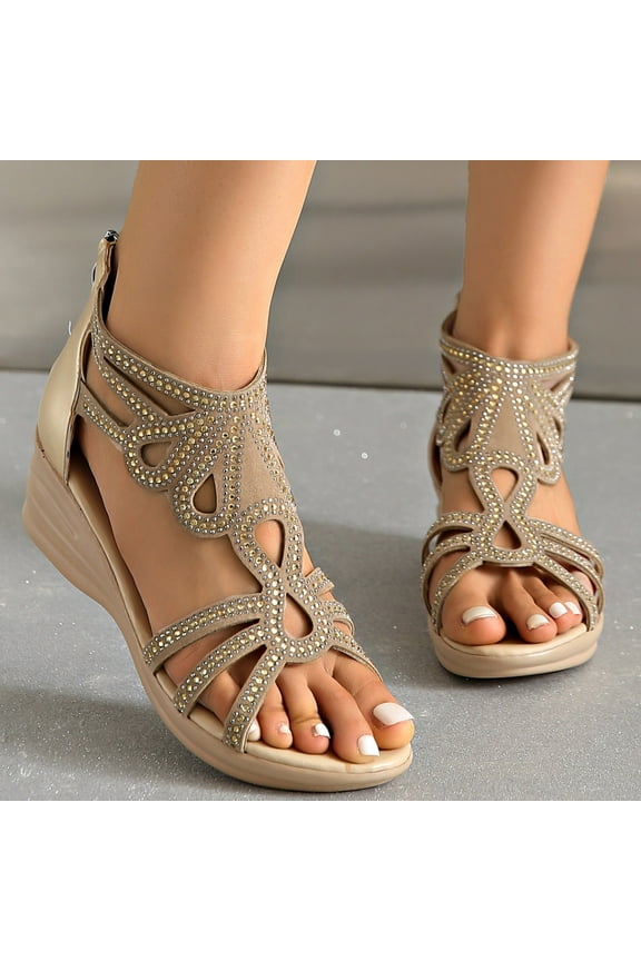 Summer Sandals for Women Poe Heel Thick Bottom Water Diamond Round Toe Open olid Back Zipper Large Roman Sandals