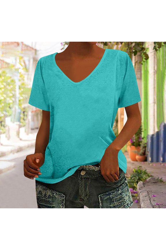 Workout Tops for Women Women's Casual U-Neck Short Sleeve T- Solid Summer Blouses