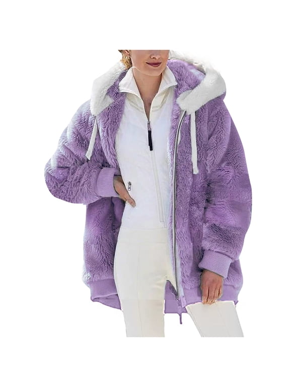 Fashion Oversize Winter Coats for Women Women Plus Size Winter Warm Loose Plush Zip Hooded Jacket Coat