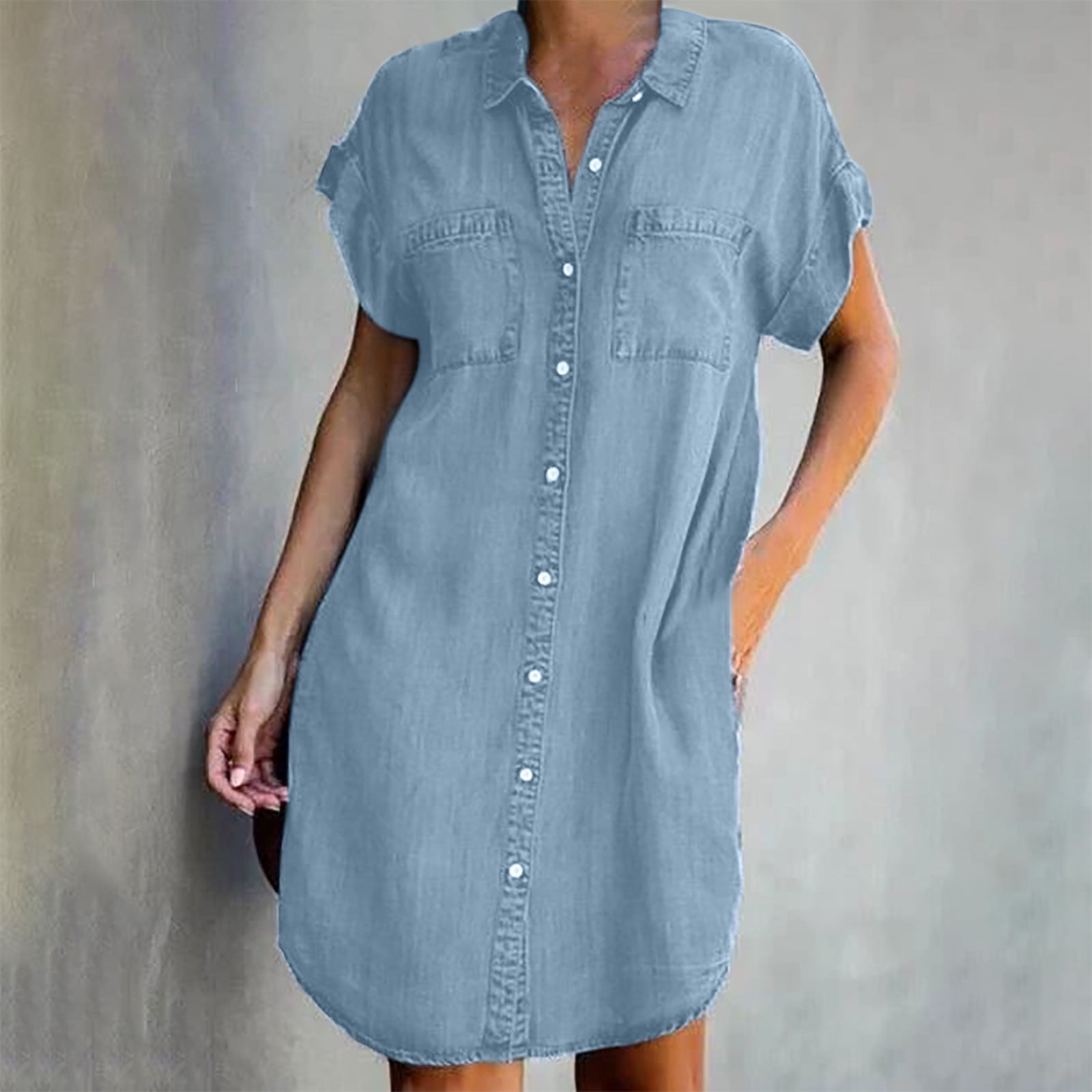 50% Off Clear! Fatuov Denim Dress for Women Short Sleeve Button Down Jean  Shirt Solid Color Loose Thin Denim Dresses with Pockets L Light Blue