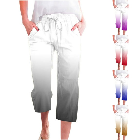 50% Off Clear! Fragrant Linen Gradient Printed Loose Women Fashionable Drawstring Pants Cropped Pants Gray S