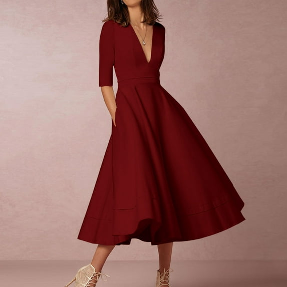 GaThRRgYP Women's Plus Size Dress Sale under $5,Women Fashion Summer Sexy Short Sleeve V-Neck Solid Mid-Calf Dress