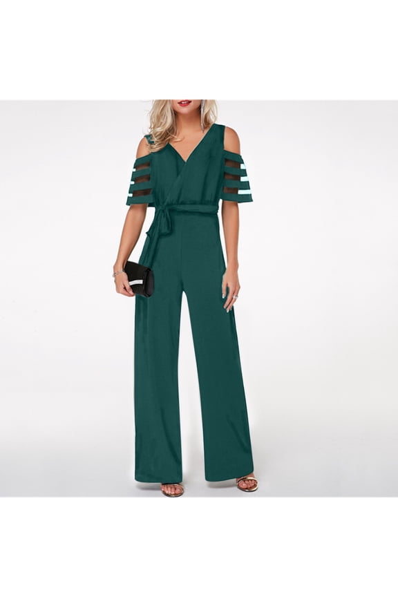 Black*Friday Discounted Items under $5 GaThRRgYP Womens Pants,Women's Fashion Casual Solid Color Mesh Short Sleeve Wide Leg Trousers Jumpsuit