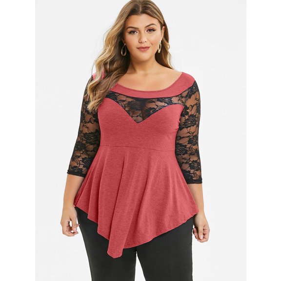 GaThRRgYP Going Out Tops for Women,Womens Summer Tunics Tops Short Sleeve,Plus Size Women Solid Floral Lace Asymmetric Three Quarter Tops Blouse