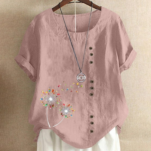 GaThRRgYP Going Out Tops for Women,Womens Summer Tops Loose Fit,Women's Short Sleeved Casual Plus Size Round Neck Printed Loose Button Cotton Linen Top