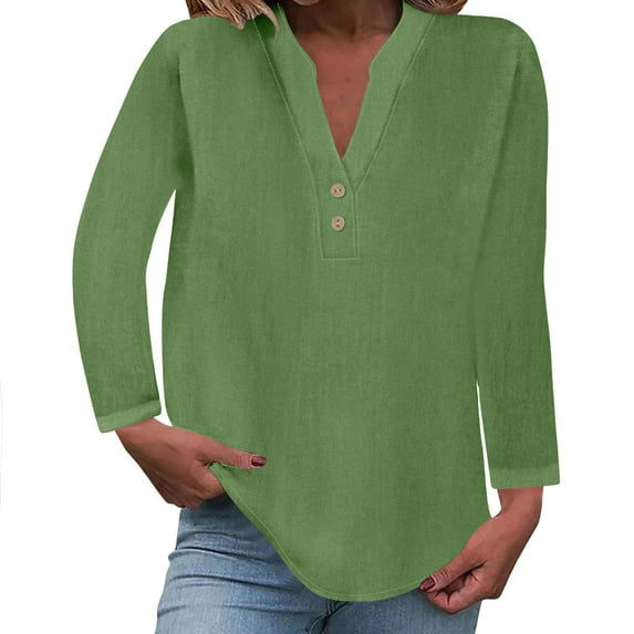 50% Off Clear! Long Sleeve Casual Shirts for Women Tops Fashion Solid Button Shirt Female V-Neck Loose T-shirt Blouse Green S