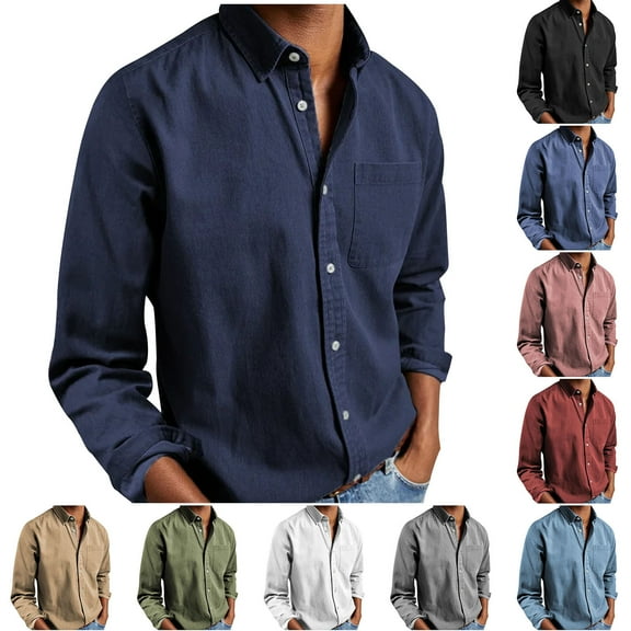 50% Off Clear! Long Sleeve Shirts for Men Casual Solid Long Sleeve Pockets Turndown Collar Buttons Blouse Shirt Navy S