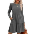 thumbnail image 1 of 50% Off Clear! Long Sleeves Dresses, Women's Fashion Solid Color Round Neck Long Sleeve Round Neck Dress Long Skirt Gray, L, 1 of 9