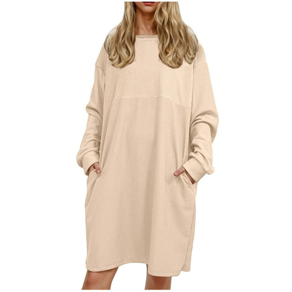 50% Off Clear! Long Sleeves Dresses, Women's Solid Color Long Sleeve Neck Slim Slit Dress Long Sleeve Round-Neck Dress Beige, L