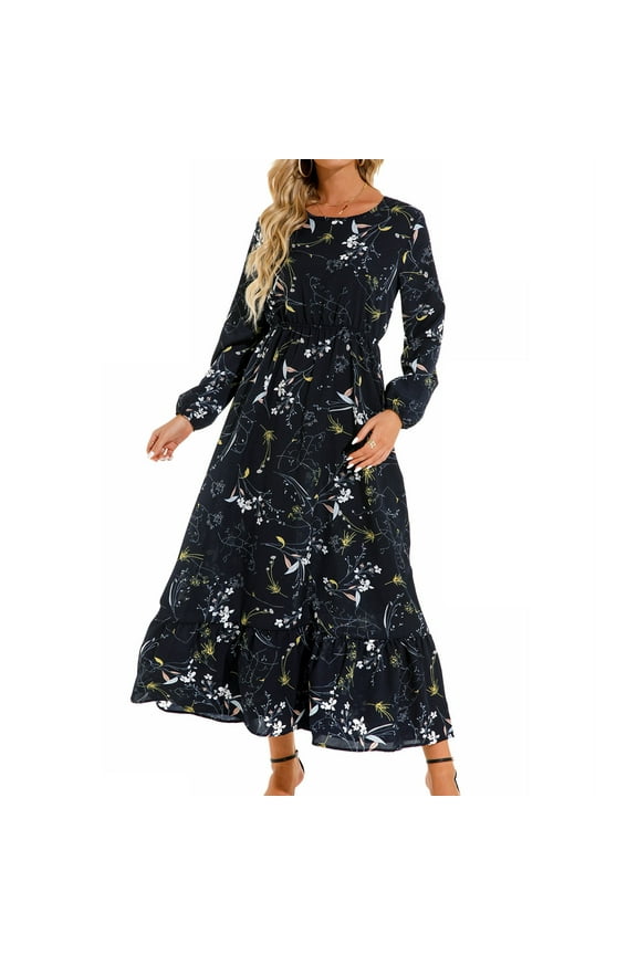 Long Sleeves Dresses, Women's Summer Print Casual Loose Long Sleeve Crew Neck Dress
