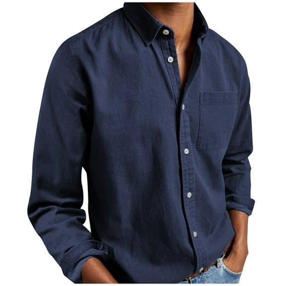 50% Off Clear! Men Long Sleeve Tops T-Shirt Casual Solid Long Sleeve Pockets Turndown Collar Buttons Blouse Shirt Navy XL