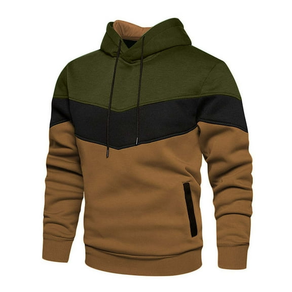 50% Off Clear! Men's Solid Color Long Sleeve Hooded Tricolor Patchwork Cardigan Loose Casual Sports Zipper Hoodie Coat Army Green, XL