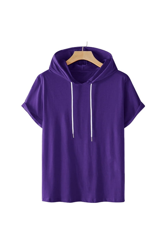 50% Off Clear! Men's Summer Linen Tops Casual Solid Fashion Hooded Pullover Short Sleeve Sports T-Shirt Top Purple, 4XL