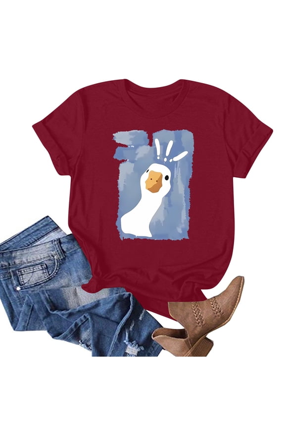 Graphic Tees for Women Short Sleeve Cool Stretchy Print Trending Baggy Oversize mit Muster O-Neck Women's T-Shirts Wine Size S
