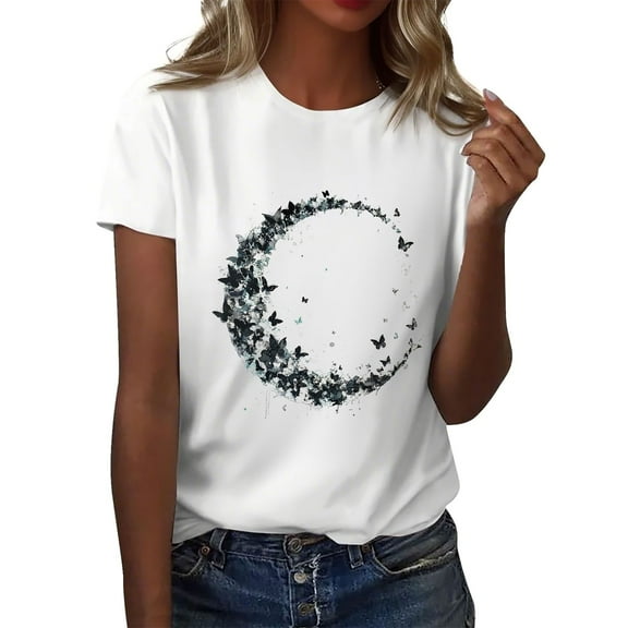 NAMTYQX Short Sleeve Shirts for Women Pattern Short Sleeve Crewneck Casual Comfy Simple Plus Size Cool Stretch Navy Size 4XL