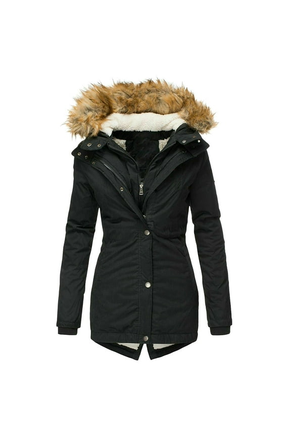 Women Winter Coats Fleece Fluffy Puffer Jacket Warm Thicken Parka Sherpa Trimmed Collar with Hood Black Size L