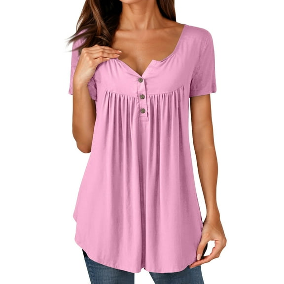 NAMTYQX Womens Plus Size Tops Ruched Button V Neck Casual Patterned Stylish Short Sleeve Loose Fitting Plus Size Pink Size XL
