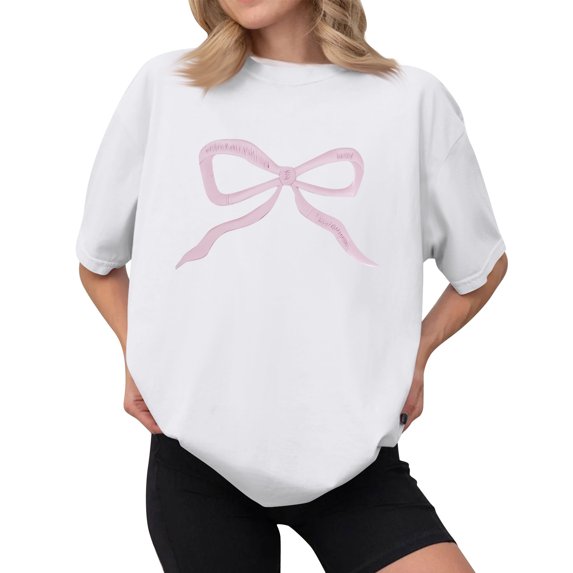 NAMTYQX Womens Spring Tops Soft Loose Fit Short Sleeve Stretchy Oversized Patterned Print Cute O-Neck Womens Casual Tops White Size L