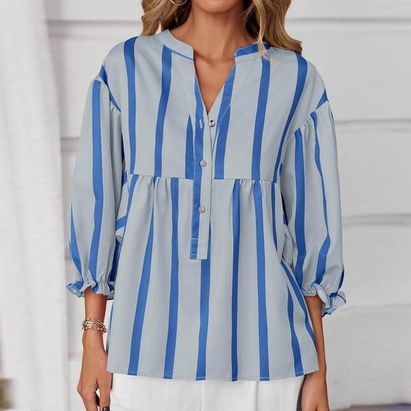 50% Off Clear! Ofreoo Women's Print Solid Color 3/4 Sleeve V Neck Pullover Button Down Hem Fashion Blouses Top