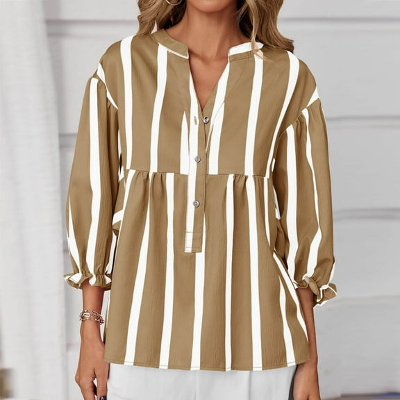 50% Off Clear! Ofreoo Women's Print Solid Color 3/4 Sleeve V Neck Pullover Button Down Hem Fashion Blouses Top