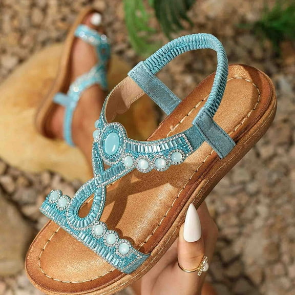 Sandals for Women 2026 Women Large Bohemian Elastic Rhinestone Flower Roman Sandals