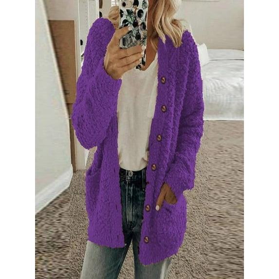 Early Fall Fashion Sawvnm Winter Long Coats for Women Casual Plus Size Plush Sweater Pockets Outerwear Buttons Cardigan Coat Gifts Chunky Cardigan Sweaters for Women Purple S