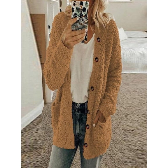 Early Fall Fashion Sawvnm Winter Long Coats for Women Casual Plus Size Plush Sweater Pockets Outerwear Buttons Cardigan Coat Gifts Chunky Cardigan Sweaters for Women Coffee L