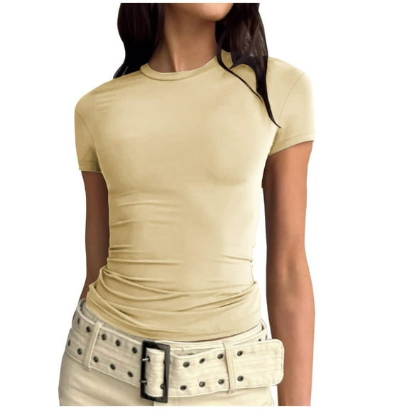 50% Off Clear! Short Sleeve Tops for Women, Women's Short Sleeve Solid Color Crewneck Casual Top Pullover T-shirt Beige S