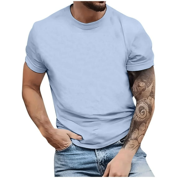 50% Off Clear! Solid Color Versatile Short Sleeved Top For Men Loose And Comfortable Basic Style Short Sleeved Round Neck Top/shirt XL, Light Blue