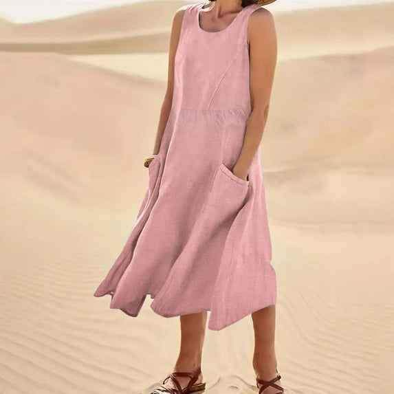 50% Off Clear! Summer Dresses for Women 2025 Women's Summer Fashion Casual Solid Color Pocket Sleeveless Round-Neck Dress Pink 2XL