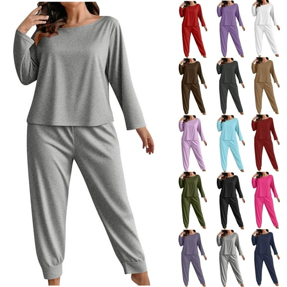 Women's Plus Size Pajama Set Fashionable Solid Color Long Sleeved Pants Casual Home Suit Set Womens Sleepwear Loungewear