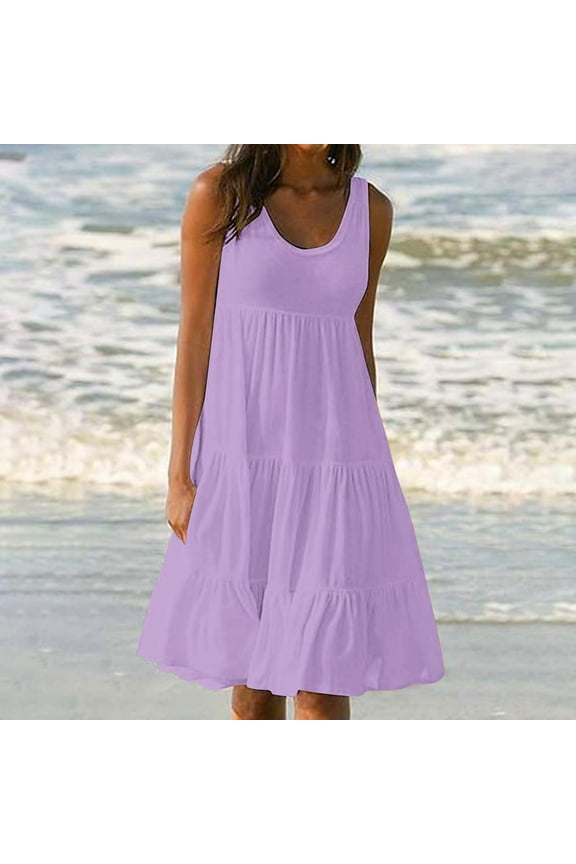 Sundresses for Women, Womens Summer Round Neck Print Sleeveless Beach Dress Purple 2XL