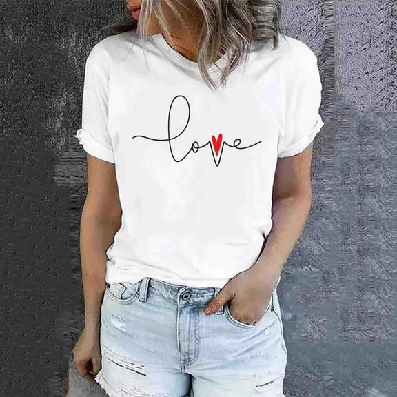 Tops for Women Dgankt Women's Valentine's Day Short Sleeve Heart Printed Top Short Sleeve Round Neck Top