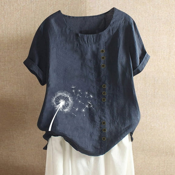 50% Off Clear! Tshirts for Women, Fashion Woman Rounk Neck Short Sleeve Blouse T-Shirt Printing Loose Tops Dark Blue L