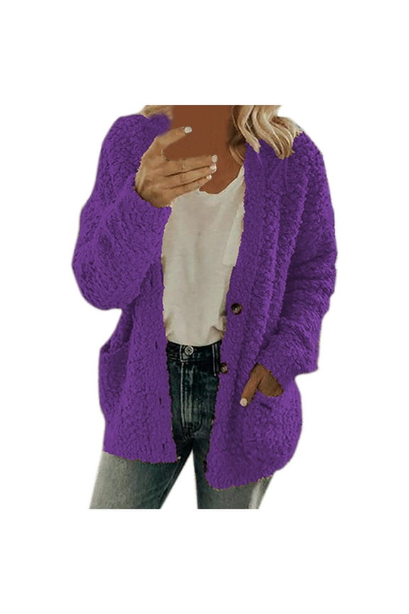 Early Fall Fashion Sawvnm Winter Long Coats for Women Casual Plus Size Plush Sweater Pockets Outerwear Buttons Cardigan Coat Gifts Chunky Cardigan Sweaters for Women Purple 3XL