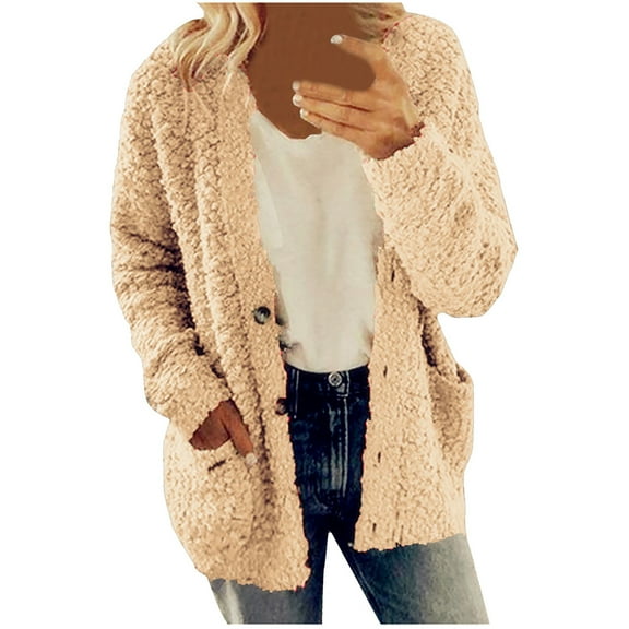 Early Fall Fashion Sawvnm Winter Long Coats for Women Casual Plus Size Plush Sweater Pockets Outerwear Buttons Cardigan Coat Gifts Chunky Cardigan Sweaters for Women Khaki 2XL