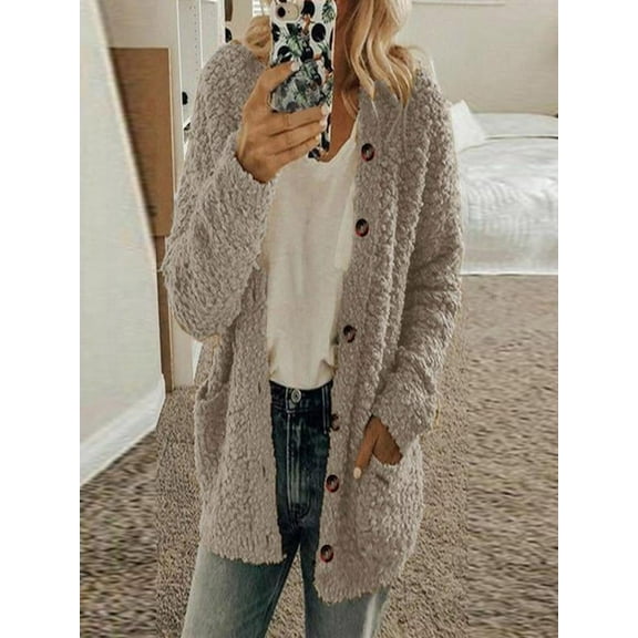 Early Fall Fashion Sawvnm Winter Long Coats for Women Casual Plus Size Plush Sweater Pockets Outerwear Buttons Cardigan Coat Gifts Chunky Cardigan Sweaters for Women Gray 3XL