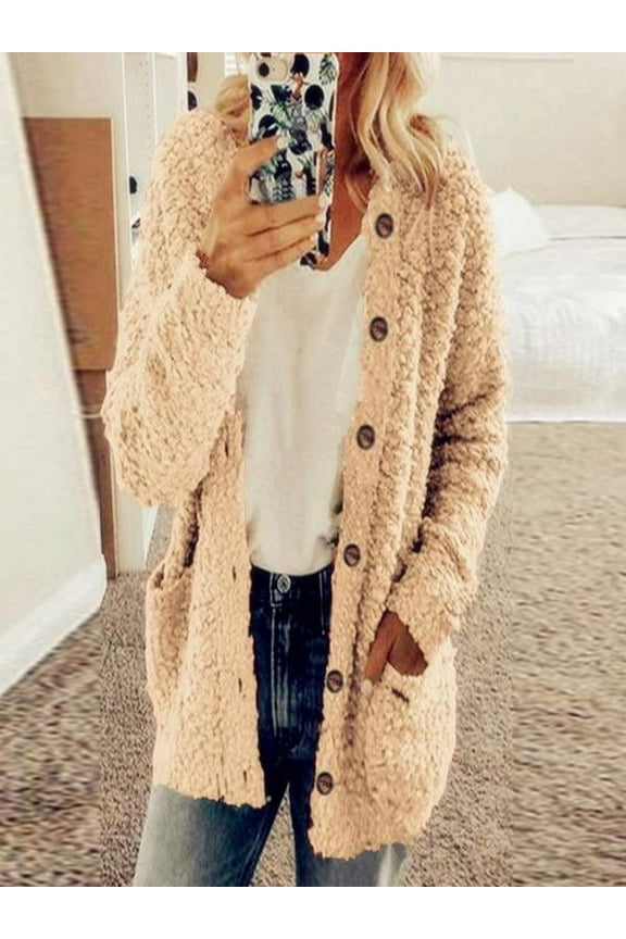 Early Fall Fashion Sawvnm Winter Long Coats for Women Casual Plus Size Plush Sweater Pockets Outerwear Buttons Cardigan Coat Gifts Chunky Cardigan Sweaters for Women Khaki 4XL