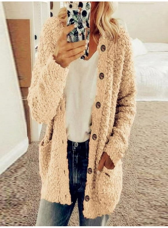 Early Fall Fashion Sawvnm Winter Long Coats for Women Casual Plus Size Plush Sweater Pockets Outerwear Buttons Cardigan Coat Gifts Chunky Cardigan Sweaters for Women Khaki 4XL