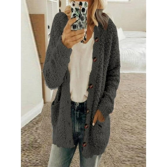 50% Off Clear!Tuscom Winter Long Coats for Women Casual Plus Size Plush Sweater Pockets Outerwear Buttons Cardigan Coat Gifts