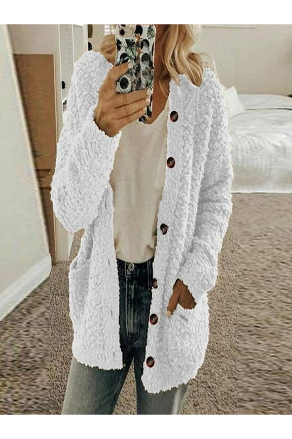 Early Fall Fashion Sawvnm Winter Long Coats for Women Casual Plus Size Plush Sweater Pockets Outerwear Buttons Cardigan Coat Gifts Chunky Cardigan Sweaters for Women White XL