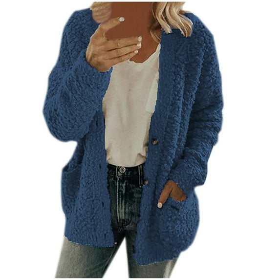 Early Fall Fashion Sawvnm Winter Long Coats for Women Casual Plus Size Plush Sweater Pockets Outerwear Buttons Cardigan Coat Gifts Chunky Cardigan Sweaters for Women Drak Blue XL
