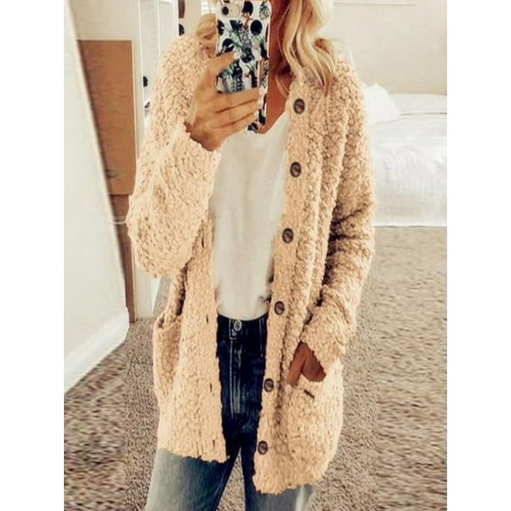 Early Fall Fashion Sawvnm Winter Long Coats for Women Casual Plus Size Plush Sweater Pockets Outerwear Buttons Cardigan Coat Gifts Chunky Cardigan Sweaters for Women Khaki 5XL
