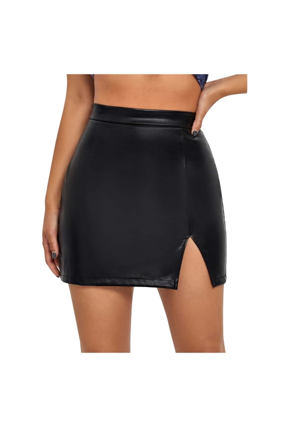 50% Off Clear! Viikei Plus Size Skirts for Women Basic High Waist Leather Split Slim Mini Pencil