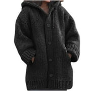 50% Off Clear! Viikei Sweater Coat for Women Women's Solid Color Single-Breasted Pocket Hooded Warm Knitted Sweater Coat Top
