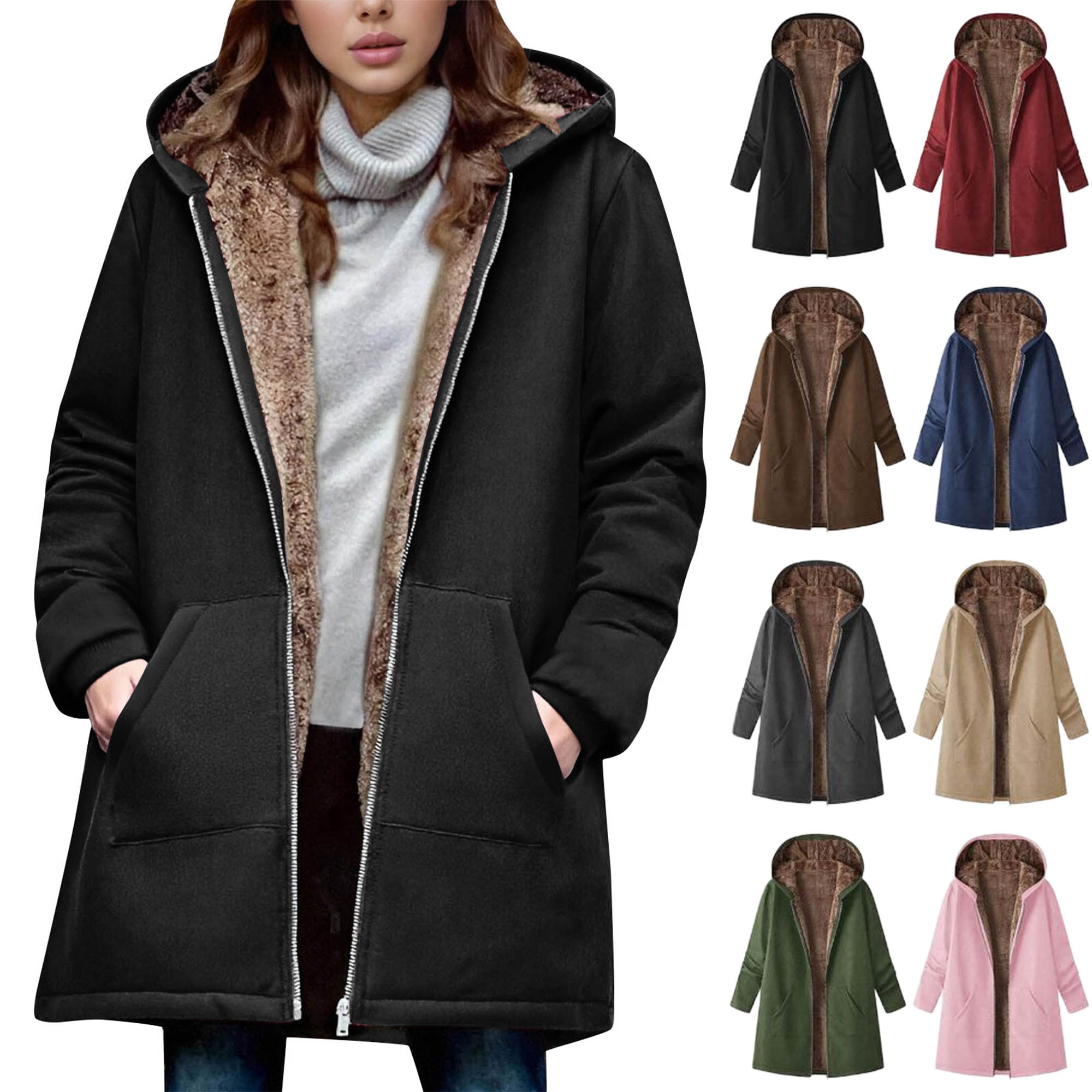 Winter Long Coats for Women Plus Size Winter Warm Loose Plush Zip Hooded Jacket Coat