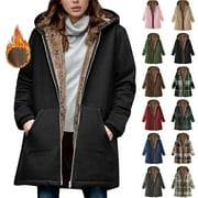 EGZMBLL Winter Long Coats for Women Plus Size Winter Warm Loose Plush Zip Hooded Jacket Coat